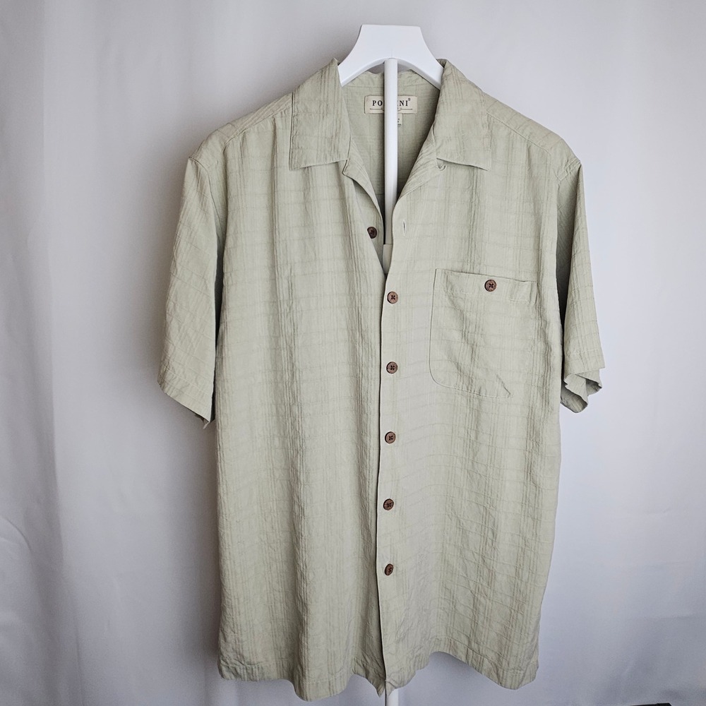 Porcini Mens 100% Silk Textured Grid Short Sleeve Button Down Shirt Sage Green M